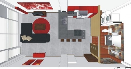 Plan vu de dessus d'un petit loft avec mezzanine