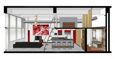 Plan de coupe d'un petit loft avec mezzanine