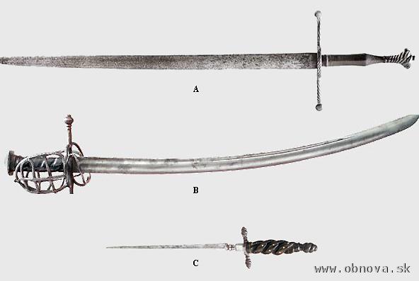 Meč 1520, šabľa 1580, stilet 1650