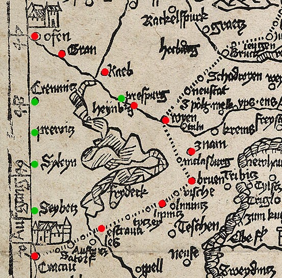 Obr. Detail čierno-bielej mapy Romweg od Erharda Etzlauba z roku 1500