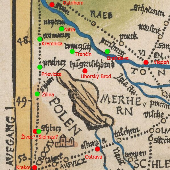 Obr. Zakreslené slovenské mestá na mape z roku 1501