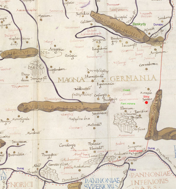Obr. Detail Ptolemaiovej mapy na zakreslené územie Slovenska