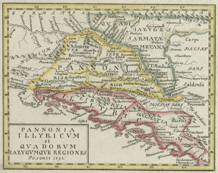 Obr. Dŕžava Kvádov podľa neznámeho kartografia na mape z roku 1751 vydanej v Bratislave