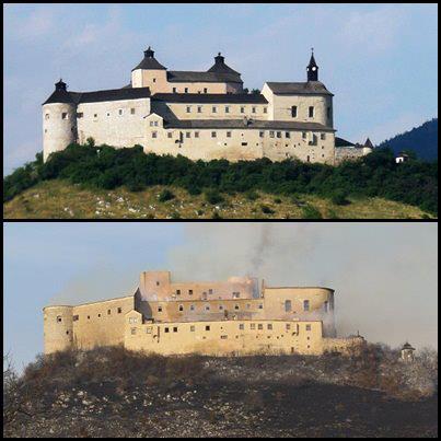 Hrad Krásna Hôrka pred a po požiari 10.03.2012, zdroj: net